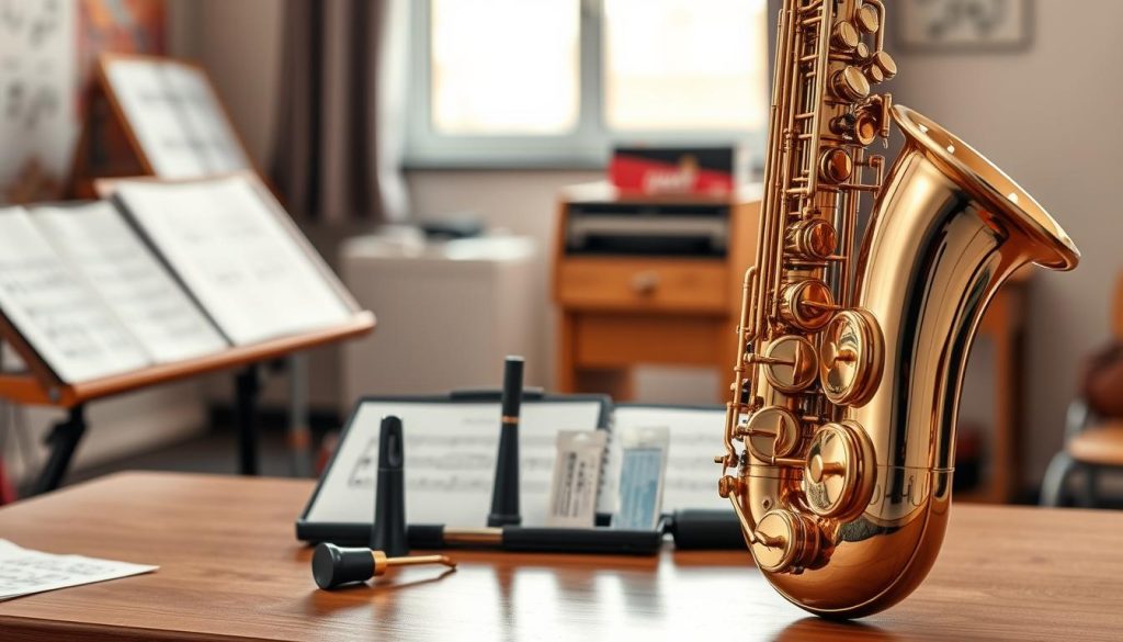 A beautifully polished bec saxophone rests prominently on a wooden music stand in the foreground, showcasing its elegant curves and gleaming brass finish. In the middle ground, a collection of essential saxophone accessories is neatly arranged: a quality mouthpiece, a reed box, and a cleaning kit, all artistically displayed to emphasize their importance for beginners. The background features a softly blurred music classroom setting with sheet music scattered on a table and a soft, warm light filtering through a window, creating an inviting and encouraging atmosphere. The overall mood is focused yet inspiring, encouraging new musicians to embark on their saxophone journey confidently. The image captures a balance of professionalism and accessibility, ideal for aspiring players.