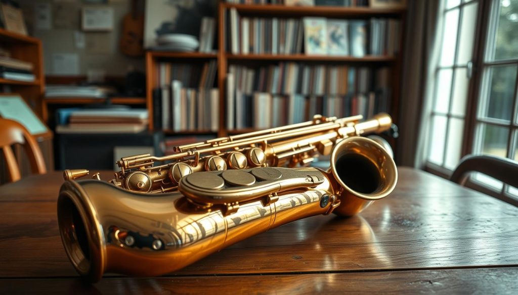 A gleaming, polished alto saxophone rests on a wooden table, showcasing its intricate brass keys and smooth curves, reflecting soft natural light from a nearby window. Next to it, a slightly used saxophone displays gentle signs of wear, hinting at its history, with a few scuff marks on the body. In the background, a cozy music room is filled with shelves of sheet music and jazz albums, creating a warm and inviting atmosphere. The scene is captured from a slightly elevated angle, emphasizing both saxophones and their distinctive features. The mood is thoughtful and engaging, perfect for aspiring musicians contemplating their first instrument.