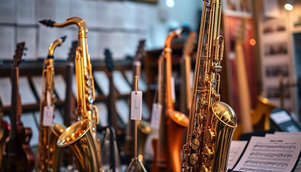 A beautifully arranged scene showcasing a variety of saxophones, with a particular emphasis on an alto saxophone and a tenor saxophone placed prominently in the foreground. The alto saxophone gleams in a warm golden light, highlighting its polished brass finish, while the tenor saxophone, slightly larger, showcases its intricate keys and smooth curves. In the middle ground, a few price tags hang on small stands, emphasizing budget considerations. The background features a tastefully blurred music store filled with sheet music and other musical instruments, bathed in soft, inviting ambient lighting. The mood conveys a sense of exploration and affordability in the world of saxophones, appealing to both novice and experienced musicians in their decision-making process.