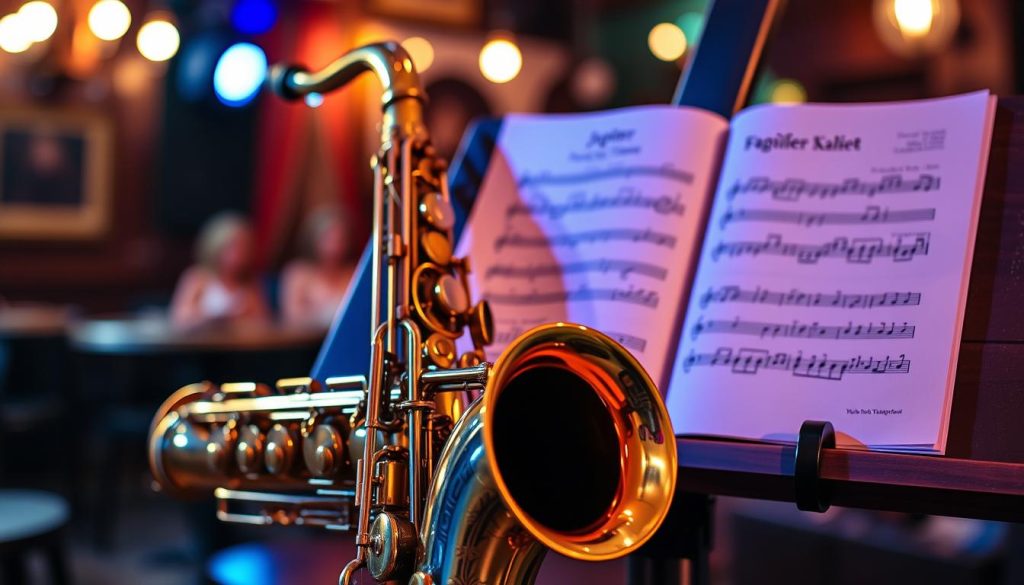 A beautifully polished Jupiter saxophone rests on a wooden music stand, showcasing its gleaming brass finish under warm, soft lighting that highlights its intricate engravings. The saxophone is positioned in the foreground, angled slightly to reveal its bell and keys. In the middle ground, an elegant sheet of music with jazz, classical, and fanfare notes is partially visible, suggesting diverse musical genres. The background features a softly blurred, cozy jazz club setting, complete with ambient dim lighting and hints of a small audience. The overall atmosphere is inviting and artistic, evoking a sense of inspiration and creativity for both beginners and intermediate players exploring their style. A beautifully polished Jupiter saxophone rests on a wooden music stand, showcasing its gleaming brass finish under warm, soft lighting that highlights its intricate engravings. The saxophone is positioned in the foreground, angled slightly to reveal its bell and keys. In the middle ground, an elegant sheet of music with jazz, classical, and fanfare notes is partially visible, suggesting diverse musical genres. The background features a softly blurred, cozy jazz club setting, complete with ambient dim lighting and hints of a small audience. The overall atmosphere is inviting and artistic, evoking a sense of inspiration and creativity for both beginners and intermediate players exploring their style.