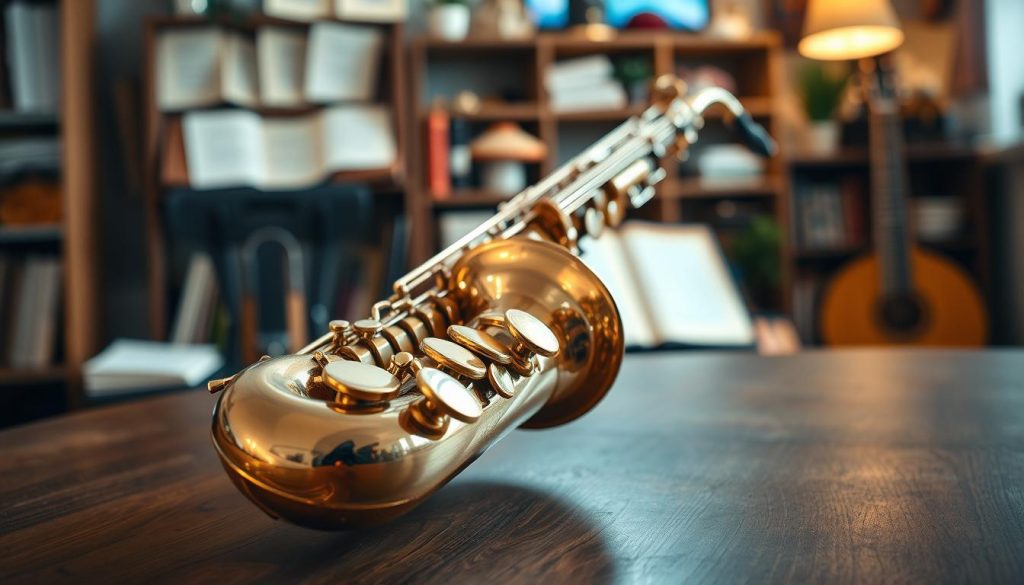A beautifully polished alto saxophone resting on a wooden table, showcasing its intricate curves and gleaming brass finish. The instrument is positioned prominently in the foreground, capturing the viewer's attention. Soft, warm lighting highlights the saxophone’s contours and the subtle reflections on its surface, creating a rich, inviting atmosphere. In the background, slightly blurred, a cozy music room with shelves filled with sheet music and other musical instruments, suggesting a nurturing environment for learning. The overall mood is inspiring and encouraging, enticing beginners and intermediates to explore the world of saxophones. The image should be framed using a close-up perspective to emphasize the details of the saxophone, without any text or watermarks. A beautifully polished alto saxophone resting on a wooden table, showcasing its intricate curves and gleaming brass finish. The instrument is positioned prominently in the foreground, capturing the viewer's attention. Soft, warm lighting highlights the saxophone’s contours and the subtle reflections on its surface, creating a rich, inviting atmosphere. In the background, slightly blurred, a cozy music room with shelves filled with sheet music and other musical instruments, suggesting a nurturing environment for learning. The overall mood is inspiring and encouraging, enticing beginners and intermediates to explore the world of saxophones. The image should be framed using a close-up perspective to emphasize the details of the saxophone, without any text or watermarks.