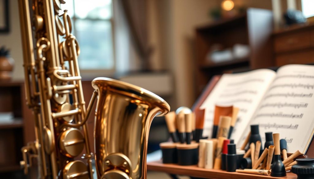 A close-up shot of a Jupiter saxophone, positioned prominently in the foreground, showcasing its sleek brass finish and intricate keywork. Next to the saxophone, a beautifully arranged selection of various reeds and mouthpieces, highlighting different sizes and materials suitable for beginners and intermediate musicians. In the middle ground, a blurred music stand holds open sheet music, indicating a practice session. The background features a warm, inviting music room with soft, natural lighting filtering through a window, creating a cozy atmosphere. The focus is sharp on the saxophone and reeds, with a shallow depth of field that softly blurs the music stand and background, evoking a sense of contemplation and passion for music. A close-up shot of a Jupiter saxophone, positioned prominently in the foreground, showcasing its sleek brass finish and intricate keywork. Next to the saxophone, a beautifully arranged selection of various reeds and mouthpieces, highlighting different sizes and materials suitable for beginners and intermediate musicians. In the middle ground, a blurred music stand holds open sheet music, indicating a practice session. The background features a warm, inviting music room with soft, natural lighting filtering through a window, creating a cozy atmosphere. The focus is sharp on the saxophone and reeds, with a shallow depth of field that softly blurs the music stand and background, evoking a sense of contemplation and passion for music.