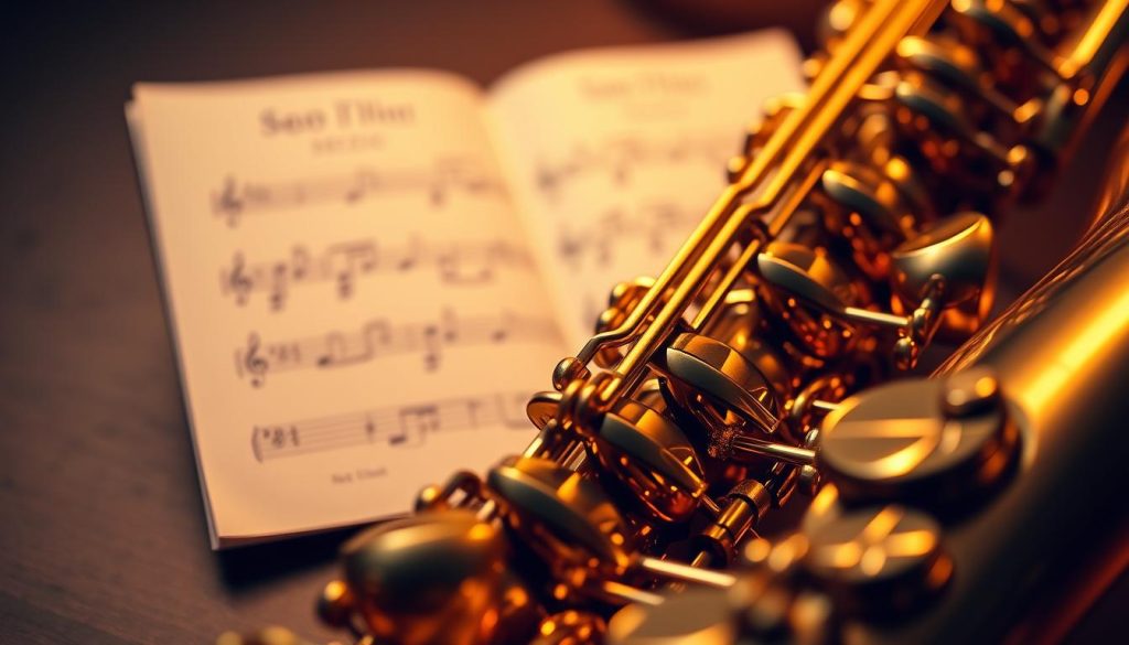 A close-up view of a Buffet Crampon Senzo saxophone, meticulously detailed, highlighting its elegant craftsmanship and polished brass finish. The saxophone is positioned prominently in the foreground, with its keys glistening under soft, warm lighting that creates subtle reflections and shadows. In the middle background, blurred sheet music can be seen, adding context without detracting from the instrument. The image captures a dynamic angle, emphasizing the curves and intricate mechanisms of the saxophone. The atmosphere is inviting and artistic, evoking a sense of passion for music and craftsmanship. The composition is clean and professional, suitable for an article illustration, with no text or distracting elements. A close-up view of a Buffet Crampon Senzo saxophone, meticulously detailed, highlighting its elegant craftsmanship and polished brass finish. The saxophone is positioned prominently in the foreground, with its keys glistening under soft, warm lighting that creates subtle reflections and shadows. In the middle background, blurred sheet music can be seen, adding context without detracting from the instrument. The image captures a dynamic angle, emphasizing the curves and intricate mechanisms of the saxophone. The atmosphere is inviting and artistic, evoking a sense of passion for music and craftsmanship. The composition is clean and professional, suitable for an article illustration, with no text or distracting elements.