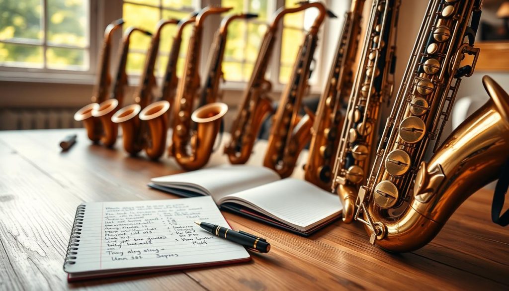 A detailed image of a beautifully arranged selection of Yanagisawa alto and tenor saxophones displayed elegantly on a wooden table. In the foreground, the focus is on the smooth, gleaming finish of the saxophones, showcasing their unique keys and craftsmanship. The middle ground features an open notebook with handwritten notes about saxophone specifications and buying tips, along with a stylish pen nearby. In the background, warm, natural light filters through a large window, creating a cozy, inviting atmosphere. Soft shadows emphasize the intricate details of the instruments. The overall mood is educational and insightful, perfect for a guide on choosing the right saxophone based on skill level. A detailed image of a beautifully arranged selection of Yanagisawa alto and tenor saxophones displayed elegantly on a wooden table. In the foreground, the focus is on the smooth, gleaming finish of the saxophones, showcasing their unique keys and craftsmanship. The middle ground features an open notebook with handwritten notes about saxophone specifications and buying tips, along with a stylish pen nearby. In the background, warm, natural light filters through a large window, creating a cozy, inviting atmosphere. Soft shadows emphasize the intricate details of the instruments. The overall mood is educational and insightful, perfect for a guide on choosing the right saxophone based on skill level.