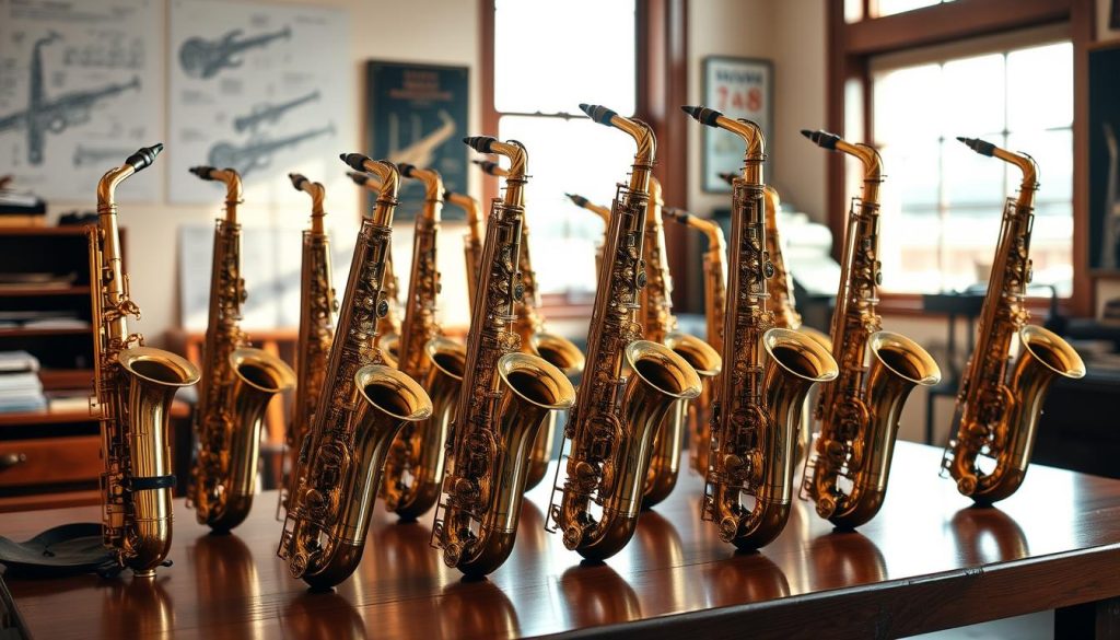 A meticulously arranged collection of vintage Yanagisawa saxophones from the 1980s and 1990s, positioned on a polished wooden table. The saxophones should display their unique serial numbers prominently, showcasing the intricate craftsmanship and distinct mechanical features. Warm, soft light filters through a nearby window, casting gentle reflections off the brass. In the background, partially blurred, hang wall-mounted saxophone diagrams and blueprints, hinting at the evolution of design. The atmosphere is inviting yet scholarly, perfect for an in-depth exploration of musical heritage. The photo should be shot from a slightly elevated angle, focusing on the details of the instruments while preserving the elegant ambiance of a music shop or a workshop. A meticulously arranged collection of vintage Yanagisawa saxophones from the 1980s and 1990s, positioned on a polished wooden table. The saxophones should display their unique serial numbers prominently, showcasing the intricate craftsmanship and distinct mechanical features. Warm, soft light filters through a nearby window, casting gentle reflections off the brass. In the background, partially blurred, hang wall-mounted saxophone diagrams and blueprints, hinting at the evolution of design. The atmosphere is inviting yet scholarly, perfect for an in-depth exploration of musical heritage. The photo should be shot from a slightly elevated angle, focusing on the details of the instruments while preserving the elegant ambiance of a music shop or a workshop.