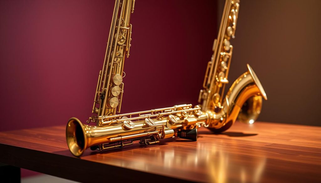 A polished Yanagisawa alto and tenor saxophone, elegantly displayed on a sleek wooden table, highlighting its intricate design and craftsmanship. The foreground showcases the gleaming brass finish, with exquisite keywork reflecting soft ambient light. In the middle, a delicate bocal and mouthpiece are carefully arranged beside the saxophones, emphasizing the meticulous details and artistry of the instruments. The background features a subtle gradient, transitioning from a deep, rich burgundy to a neutral beige, enhancing the overall elegance. The lighting is warm and inviting, casting gentle shadows that create a sense of depth. The mood is one of sophistication and artistry, perfect for illustrating the distinctive qualities of Yanagisawa saxophones. A polished Yanagisawa alto and tenor saxophone, elegantly displayed on a sleek wooden table, highlighting its intricate design and craftsmanship. The foreground showcases the gleaming brass finish, with exquisite keywork reflecting soft ambient light. In the middle, a delicate bocal and mouthpiece are carefully arranged beside the saxophones, emphasizing the meticulous details and artistry of the instruments. The background features a subtle gradient, transitioning from a deep, rich burgundy to a neutral beige, enhancing the overall elegance. The lighting is warm and inviting, casting gentle shadows that create a sense of depth. The mood is one of sophistication and artistry, perfect for illustrating the distinctive qualities of Yanagisawa saxophones.