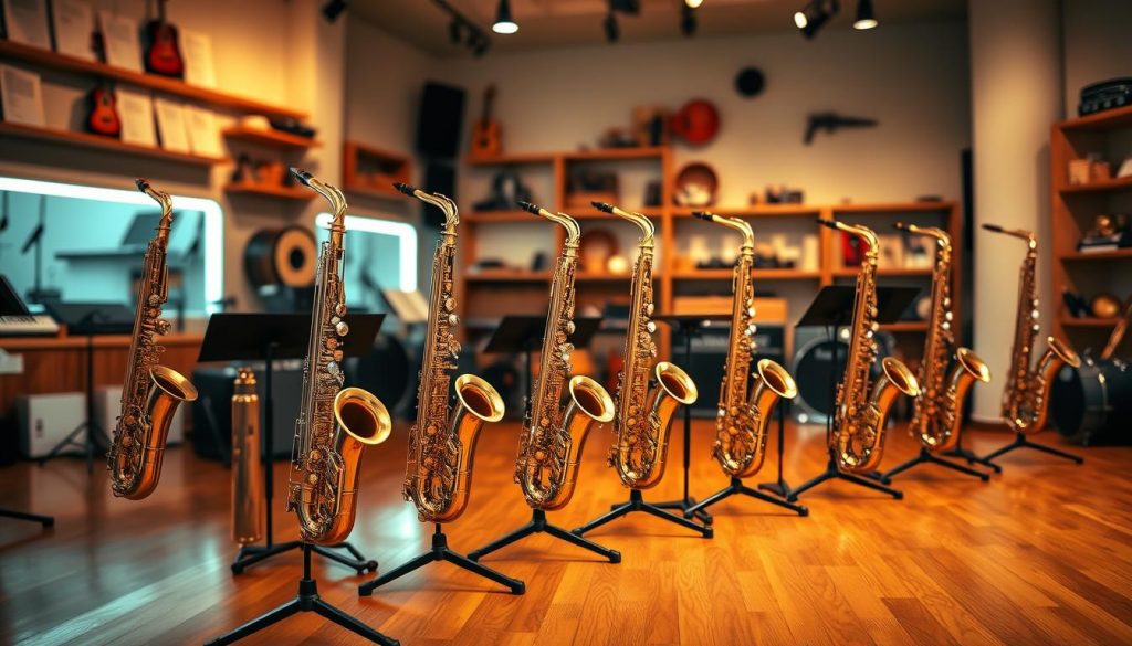 A vibrant panorama showcasing a variety of Jupiter saxophones, elegantly arranged against a soft, blurred background of a music studio. In the foreground, a selection of Jupiter models—ranging from beginner to intermediate options—are prominently displayed on sleek music stands, glistening under warm, ambient lighting. The midground features a polished wooden floor reflecting the instruments, while the backdrop is filled with blurred shelves of music sheets and instruments, creating an inviting atmosphere of creativity. The scene captures a sense of exploration and elegance, aimed at inspiring new musicians. Utilize a wide-angle lens for depth, with a focus on the saxophones, ensuring a soft but warm glow to evoke an optimistic and vibrant mood. A vibrant panorama showcasing a variety of Jupiter saxophones, elegantly arranged against a soft, blurred background of a music studio. In the foreground, a selection of Jupiter models—ranging from beginner to intermediate options—are prominently displayed on sleek music stands, glistening under warm, ambient lighting. The midground features a polished wooden floor reflecting the instruments, while the backdrop is filled with blurred shelves of music sheets and instruments, creating an inviting atmosphere of creativity. The scene captures a sense of exploration and elegance, aimed at inspiring new musicians. Utilize a wide-angle lens for depth, with a focus on the saxophones, ensuring a soft but warm glow to evoke an optimistic and vibrant mood.