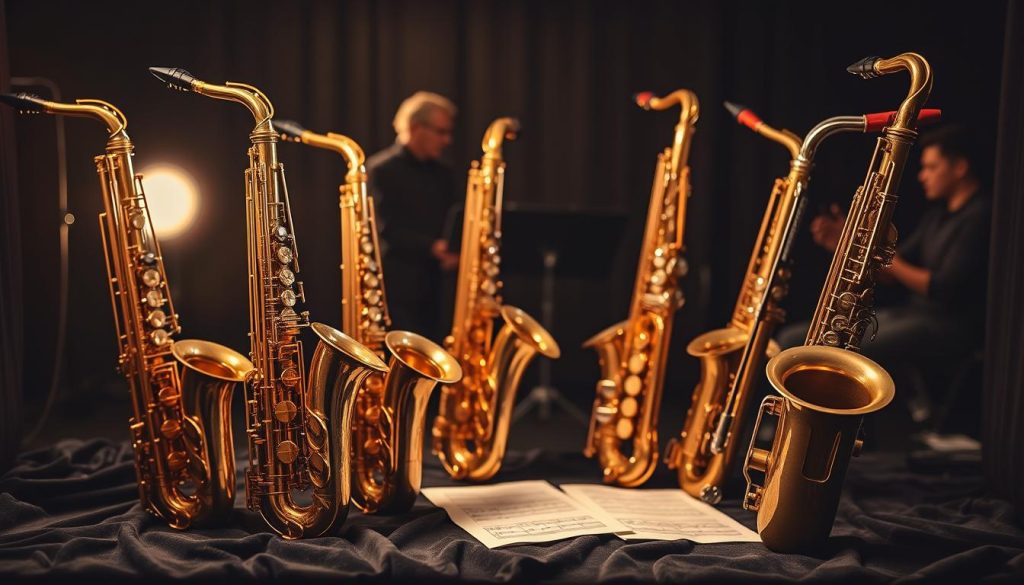 A beautifully arranged selection of various saxophones, including an alto, tenor, soprano, and baritone saxophone, prominently displayed in the foreground. Each instrument gleams under soft, warm lighting that highlights their polished brass and intricate detailing. The saxophones are positioned on a dark velvet backdrop, enhancing their elegance. In the middle ground, sheet music lays scattered, suggesting a musical setting. In the background, blurred silhouettes of musicians can be seen, adding depth and context to the scene. The overall mood is artistic and inspiring, inviting the viewer into the world of saxophone music. Use a shallow depth of field to focus on the saxophones while contrasting with the soft, out-of-focus musicians in the background. A beautifully arranged selection of various saxophones, including an alto, tenor, soprano, and baritone saxophone, prominently displayed in the foreground. Each instrument gleams under soft, warm lighting that highlights their polished brass and intricate detailing. The saxophones are positioned on a dark velvet backdrop, enhancing their elegance. In the middle ground, sheet music lays scattered, suggesting a musical setting. In the background, blurred silhouettes of musicians can be seen, adding depth and context to the scene. The overall mood is artistic and inspiring, inviting the viewer into the world of saxophone music. Use a shallow depth of field to focus on the saxophones while contrasting with the soft, out-of-focus musicians in the background.