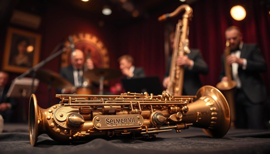 A beautifully crafted Selmer Mark VII saxophone, showcased prominently in the foreground, gleaming with polished brass and intricate engravings. The saxophone rests elegantly on a soft, dark velvet cloth, reflecting the light in a warm tone. In the middle ground, an atmospheric jazz club setting fades softly, with muted colors and soft bokeh to emphasize the saxophone as the main subject. Warm, ambient lighting casts gentle highlights and shadows, creating a sense of nostalgia and sophistication. The background features blurred silhouettes of musicians in professional attire, hinting at a lively performance, contributing to the mood of passion and artistry in music. The image is captured from a slightly angled perspective, evoking depth and inviting the viewer to explore the connection between the instrument and its rich musical heritage. A beautifully crafted Selmer Mark VII saxophone, showcased prominently in the foreground, gleaming with polished brass and intricate engravings. The saxophone rests elegantly on a soft, dark velvet cloth, reflecting the light in a warm tone. In the middle ground, an atmospheric jazz club setting fades softly, with muted colors and soft bokeh to emphasize the saxophone as the main subject. Warm, ambient lighting casts gentle highlights and shadows, creating a sense of nostalgia and sophistication. The background features blurred silhouettes of musicians in professional attire, hinting at a lively performance, contributing to the mood of passion and artistry in music. The image is captured from a slightly angled perspective, evoking depth and inviting the viewer to explore the connection between the instrument and its rich musical heritage.