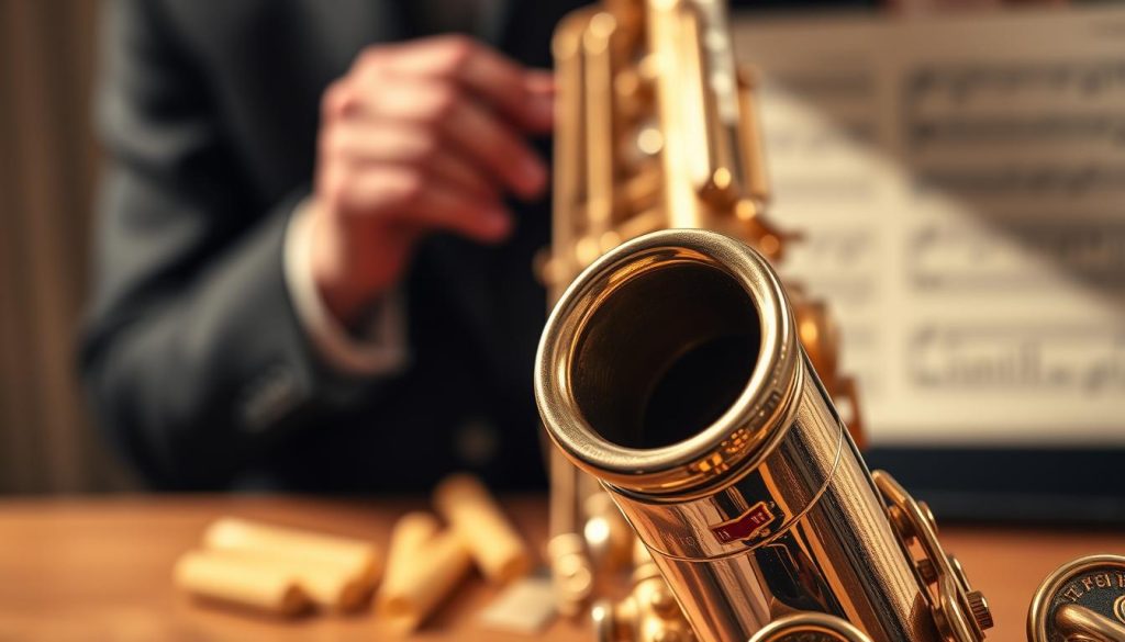 A beautifully detailed close-up of an alto saxophone mouthpiece, highlighting its opening (bec). The mouthpiece should be positioned in the foreground, showing intricate craftsmanship and polished brass details, reflecting light. In the middle ground, a soft-focus backdrop of saxophone reeds and a musician's hands adjusting the mouthpiece can subtly suggest the context. The background features a blurred music sheet to enhance the musical atmosphere. The lighting is warm and inviting, casting gentle shadows that accentuate the curves of the mouthpiece. Capture a sense of precision and artistry, evoking a serene yet focused mood, ideal for measuring and interpreting the nuances of saxophone mouthpiece openings. No text or overlays should be present.