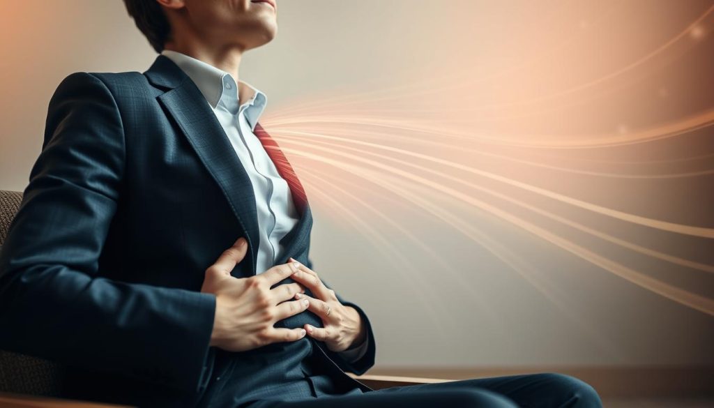 A captivating scene of diaphragmatic respiration, featuring a close-up of a person in professional business attire. The person is seated in a relaxed posture, hands on their abdomen, demonstrating the technique of deep breathing. The foreground highlights the individual's poised expression as they exhale gently, showcasing the movement of their diaphragm. In the background, an abstract representation of airflow—soft, swirling lines—symbolizes the air column expanding and contracting with each breath, while a warm, soft-focus lighting creates an inviting atmosphere. The angle should capture the depth of the breathing process, emphasizing the connection between posture and sound. This serene yet dynamic image conveys a sense of mindfulness and control. A captivating scene of diaphragmatic respiration, featuring a close-up of a person in professional business attire. The person is seated in a relaxed posture, hands on their abdomen, demonstrating the technique of deep breathing. The foreground highlights the individual's poised expression as they exhale gently, showcasing the movement of their diaphragm. In the background, an abstract representation of airflow—soft, swirling lines—symbolizes the air column expanding and contracting with each breath, while a warm, soft-focus lighting creates an inviting atmosphere. The angle should capture the depth of the breathing process, emphasizing the connection between posture and sound. This serene yet dynamic image conveys a sense of mindfulness and control.