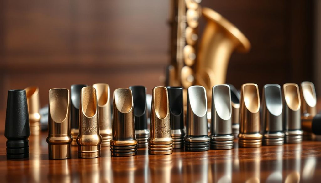 A close-up shot of various saxophone mouthpieces beautifully arranged on a polished wooden table. In the foreground, highlight a selection of mouthpiece models with different shapes and finishes, each uniquely designed to reflect their intended use, such as classical, jazz, and contemporary styles. The middle layer features a soft-focus saxophone in the background, subtly hinting at its presence. Warm, diffused lighting casts gentle shadows, creating an inviting atmosphere. The photo should have a professional look, resembling a product shoot, capturing the intricate details of the mouthpieces. The image should evoke a sense of exploration and careful selection, perfect for aspiring musicians deciding on their ideal saxophone mouthpiece while maintaining an elegant and refined aesthetic. A close-up shot of various saxophone mouthpieces beautifully arranged on a polished wooden table. In the foreground, highlight a selection of mouthpiece models with different shapes and finishes, each uniquely designed to reflect their intended use, such as classical, jazz, and contemporary styles. The middle layer features a soft-focus saxophone in the background, subtly hinting at its presence. Warm, diffused lighting casts gentle shadows, creating an inviting atmosphere. The photo should have a professional look, resembling a product shoot, capturing the intricate details of the mouthpieces. The image should evoke a sense of exploration and careful selection, perfect for aspiring musicians deciding on their ideal saxophone mouthpiece while maintaining an elegant and refined aesthetic.