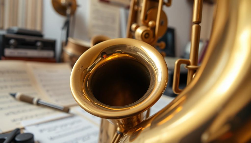A close-up view of a beautifully crafted "culasse soudée" from a Selmer Mark VI saxophone, positioned prominently in the foreground. The polished brass surface gleams under soft, diffused lighting, highlighting the intricate solder joints and craftsmanship details. In the middle ground, the body of the saxophone curves elegantly, showcasing its classic design and vintage vernis. The background features a subtle blur of a music studio with vintage instruments and sheet music, creating a warm and inviting atmosphere. The shot is taken at a slight angle to emphasize the depth and contours of the saxophone, evoking a sense of nostalgia and admiration for this iconic French craftsmanship. A close-up view of a beautifully crafted "culasse soudée" from a Selmer Mark VI saxophone, positioned prominently in the foreground. The polished brass surface gleams under soft, diffused lighting, highlighting the intricate solder joints and craftsmanship details. In the middle ground, the body of the saxophone curves elegantly, showcasing its classic design and vintage vernis. The background features a subtle blur of a music studio with vintage instruments and sheet music, creating a warm and inviting atmosphere. The shot is taken at a slight angle to emphasize the depth and contours of the saxophone, evoking a sense of nostalgia and admiration for this iconic French craftsmanship.