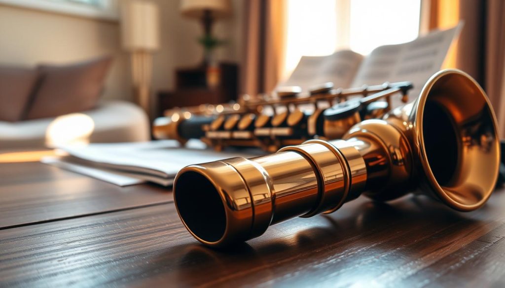 A close-up view of a polished saxophone mouthpiece resting on a wooden table, accentuating its glossy finish and intricate design. In the foreground, focus on the mouthpiece with reflections highlighting its curves and edges. The middle ground features a saxophone in a soft blur, showcasing its body and keys, while a sheet of music is subtly placed behind it. Natural lighting filters through a nearby window, casting gentle shadows and creating a warm, inviting atmosphere. The background is softly out of focus, with hints of a cozy music room, filled with subtle colors like beige and deep brown, enhancing the mood of creativity and exploration in musical choices. A close-up view of a polished saxophone mouthpiece resting on a wooden table, accentuating its glossy finish and intricate design. In the foreground, focus on the mouthpiece with reflections highlighting its curves and edges. The middle ground features a saxophone in a soft blur, showcasing its body and keys, while a sheet of music is subtly placed behind it. Natural lighting filters through a nearby window, casting gentle shadows and creating a warm, inviting atmosphere. The background is softly out of focus, with hints of a cozy music room, filled with subtle colors like beige and deep brown, enhancing the mood of creativity and exploration in musical choices.