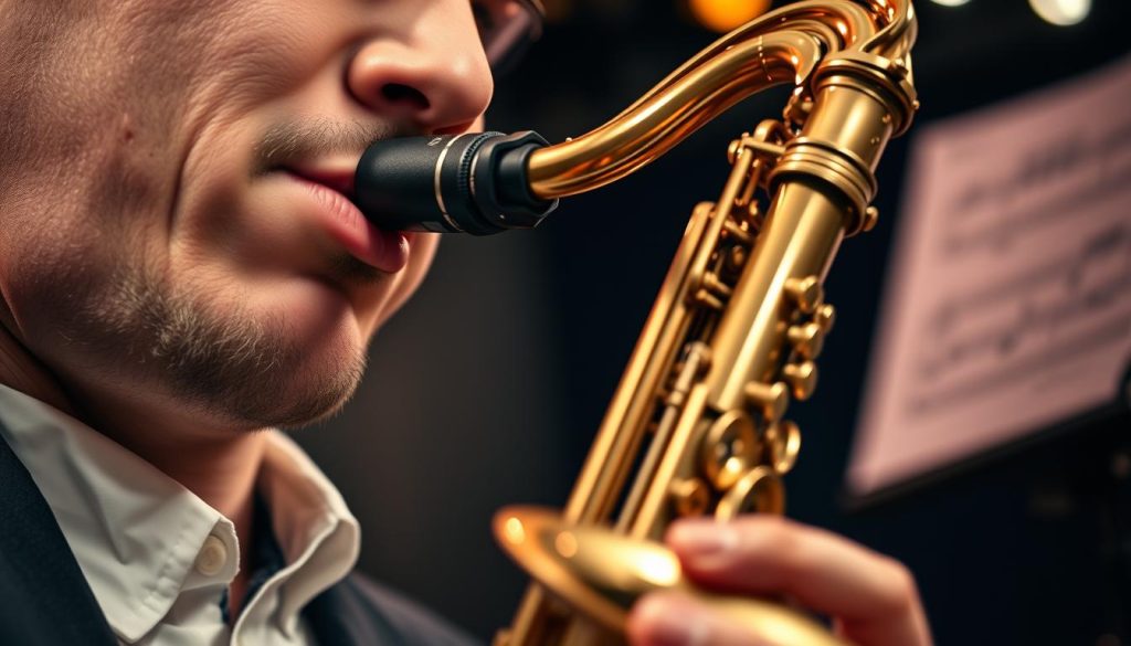 A close-up view of a saxophonist adjusting their embouchure while holding a saxophone. The foreground focuses on their lips forming the embouchure around the mouthpiece, showcasing detailed texture and tension. The saxophonist's cheeks are slightly puffed, indicating breath support, with a look of concentration on their face. The midground features the elegant body of a saxophone gleaming under soft lighting, emphasizing its curves and the sheen of the metal. In the background, a blurred music sheet and softly dimmed stage lights create an intimate atmosphere, inviting the viewer into the world of music. The overall mood is focused and creative, highlighting the importance of proper embouchure in playing the saxophone. A close-up view of a saxophonist adjusting their embouchure while holding a saxophone. The foreground focuses on their lips forming the embouchure around the mouthpiece, showcasing detailed texture and tension. The saxophonist's cheeks are slightly puffed, indicating breath support, with a look of concentration on their face. The midground features the elegant body of a saxophone gleaming under soft lighting, emphasizing its curves and the sheen of the metal. In the background, a blurred music sheet and softly dimmed stage lights create an intimate atmosphere, inviting the viewer into the world of music. The overall mood is focused and creative, highlighting the importance of proper embouchure in playing the saxophone.