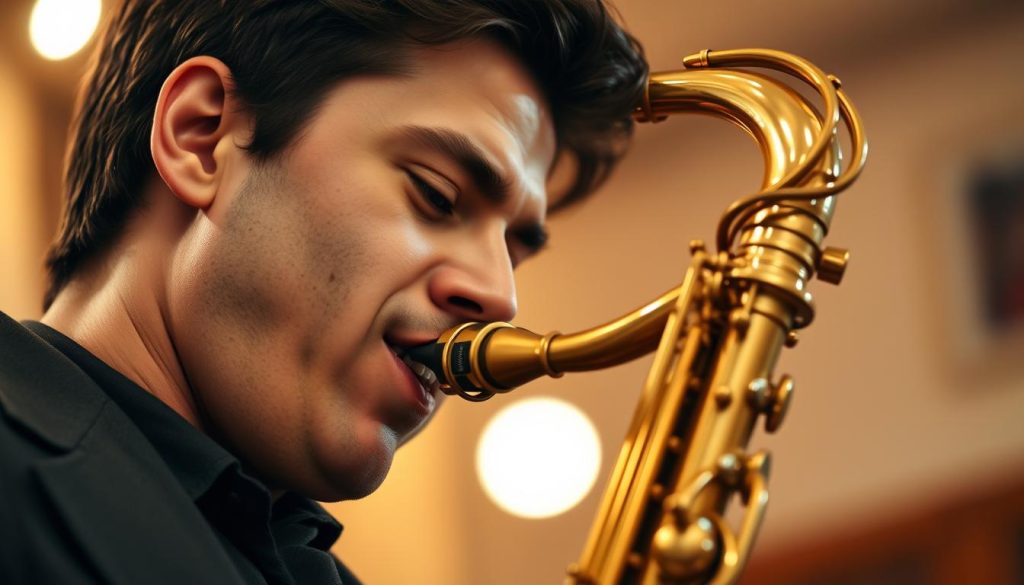 A close-up view of a saxophonist focusing intently on their embouchure while playing a tenor saxophone, emphasizing their mouth positioning and lip technique. The foreground features the musician's face in professional attire, showcasing determination and concentration, with their lowered jaw and relaxed cheeks clearly visible. The middle ground includes the gleaming brass tenor saxophone, highlighting the mouthpiece and reed zone, capturing intricate details of the instrument. The background is softly blurred, with warm ambient lighting creating a cozy practice space, reflecting an inviting atmosphere for learning. The overall mood conveys dedication to mastering sound production without strain, symbolizing a balance between effort and ease. A close-up view of a saxophonist focusing intently on their embouchure while playing a tenor saxophone, emphasizing their mouth positioning and lip technique. The foreground features the musician's face in professional attire, showcasing determination and concentration, with their lowered jaw and relaxed cheeks clearly visible. The middle ground includes the gleaming brass tenor saxophone, highlighting the mouthpiece and reed zone, capturing intricate details of the instrument. The background is softly blurred, with warm ambient lighting creating a cozy practice space, reflecting an inviting atmosphere for learning. The overall mood conveys dedication to mastering sound production without strain, symbolizing a balance between effort and ease.