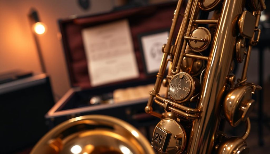A close-up view of a vintage Selmer Mark VI saxophone display, focusing on the intricate serial number engraved on the body. In the foreground, highlight the polished brass finish and the detailing of the keywork, capturing the light to emphasize the shine. The middle ground features an open case displaying a few handwritten notes or legends related to the saxophone's history, subtly blurred to keep the focus on the instrument. The background should softly feature a music studio setting with dim, warm lighting to create a nostalgic atmosphere, hinting at the saxophone's musical legacy. Use a shallow depth of field to draw attention to the serial number, capturing the essence of craftsmanship and artistry in saxophone design. A close-up view of a vintage Selmer Mark VI saxophone display, focusing on the intricate serial number engraved on the body. In the foreground, highlight the polished brass finish and the detailing of the keywork, capturing the light to emphasize the shine. The middle ground features an open case displaying a few handwritten notes or legends related to the saxophone's history, subtly blurred to keep the focus on the instrument. The background should softly feature a music studio setting with dim, warm lighting to create a nostalgic atmosphere, hinting at the saxophone's musical legacy. Use a shallow depth of field to draw attention to the serial number, capturing the essence of craftsmanship and artistry in saxophone design.