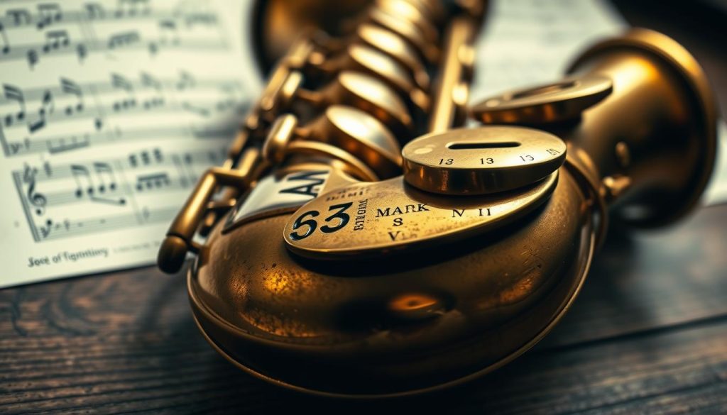 A close-up view of a vintage Selmer Mark VI saxophone showcasing its unique number series engraved on the body, highlighting intricate details such as the keys, pads, and lacquered brass finish. The foreground features the saxophone resting on a textured wooden surface, offering a warm and nostalgic feel. In the middle ground, softly diffused light creates subtle reflections on the brass, emphasizing its curves and craftsmanship. The background is a blurred musical score, creating an atmosphere of rich musical history. The image is framed with a soft-focus effect, enhancing the sense of reminiscence and reverence for this iconic instrument. The overall mood is one of timeless elegance and passion for music. A close-up view of a vintage Selmer Mark VI saxophone showcasing its unique number series engraved on the body, highlighting intricate details such as the keys, pads, and lacquered brass finish. The foreground features the saxophone resting on a textured wooden surface, offering a warm and nostalgic feel. In the middle ground, softly diffused light creates subtle reflections on the brass, emphasizing its curves and craftsmanship. The background is a blurred musical score, creating an atmosphere of rich musical history. The image is framed with a soft-focus effect, enhancing the sense of reminiscence and reverence for this iconic instrument. The overall mood is one of timeless elegance and passion for music.