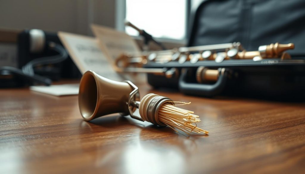 A detailed close-up of a alto saxophone mouthpiece, ligature, and reed meticulously assembled on a polished wooden table, with a soft, diffused light illuminating the scene. The focus is sharp on the mouthpiece, capturing its smooth contours and intricate design, while the ligature wraps snugly around it, showcasing its metallic shine. The reed sits perfectly aligned, with its natural fibers and subtle grain contrasting against the sleek surface. In the background, out-of-focus musical notes and a saxophone case hint at a musician’s workspace, creating an atmosphere of creativity and meticulous craftsmanship. The overall mood is calm and focused, inviting viewers to appreciate the art of saxophone playing. A detailed close-up of a alto saxophone mouthpiece, ligature, and reed meticulously assembled on a polished wooden table, with a soft, diffused light illuminating the scene. The focus is sharp on the mouthpiece, capturing its smooth contours and intricate design, while the ligature wraps snugly around it, showcasing its metallic shine. The reed sits perfectly aligned, with its natural fibers and subtle grain contrasting against the sleek surface. In the background, out-of-focus musical notes and a saxophone case hint at a musician’s workspace, creating an atmosphere of creativity and meticulous craftsmanship. The overall mood is calm and focused, inviting viewers to appreciate the art of saxophone playing.