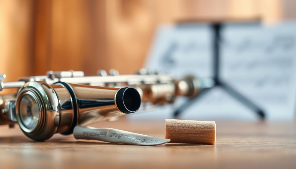 A highly detailed and realistic close-up of a saxophone mouthpiece and reed (anche) set against a blurred background of soft, warm wood tones that evoke a musical ambiance. The foreground showcases the mouthpiece glistening under gentle, diffused natural light, highlighting its polished surface and intricate design. The reed is placed next to the mouthpiece, demonstrating its delicate structure, with fine textures and subtle grains visible. In the background, faint outlines of saxophone keys and a music stand can be seen, symbolizing the connection between the instrument and the sound it produces. The atmosphere conveys a sense of focus and creativity, inviting viewers to explore the fusion of craftsmanship and sound in music. A highly detailed and realistic close-up of a saxophone mouthpiece and reed (anche) set against a blurred background of soft, warm wood tones that evoke a musical ambiance. The foreground showcases the mouthpiece glistening under gentle, diffused natural light, highlighting its polished surface and intricate design. The reed is placed next to the mouthpiece, demonstrating its delicate structure, with fine textures and subtle grains visible. In the background, faint outlines of saxophone keys and a music stand can be seen, symbolizing the connection between the instrument and the sound it produces. The atmosphere conveys a sense of focus and creativity, inviting viewers to explore the fusion of craftsmanship and sound in music.