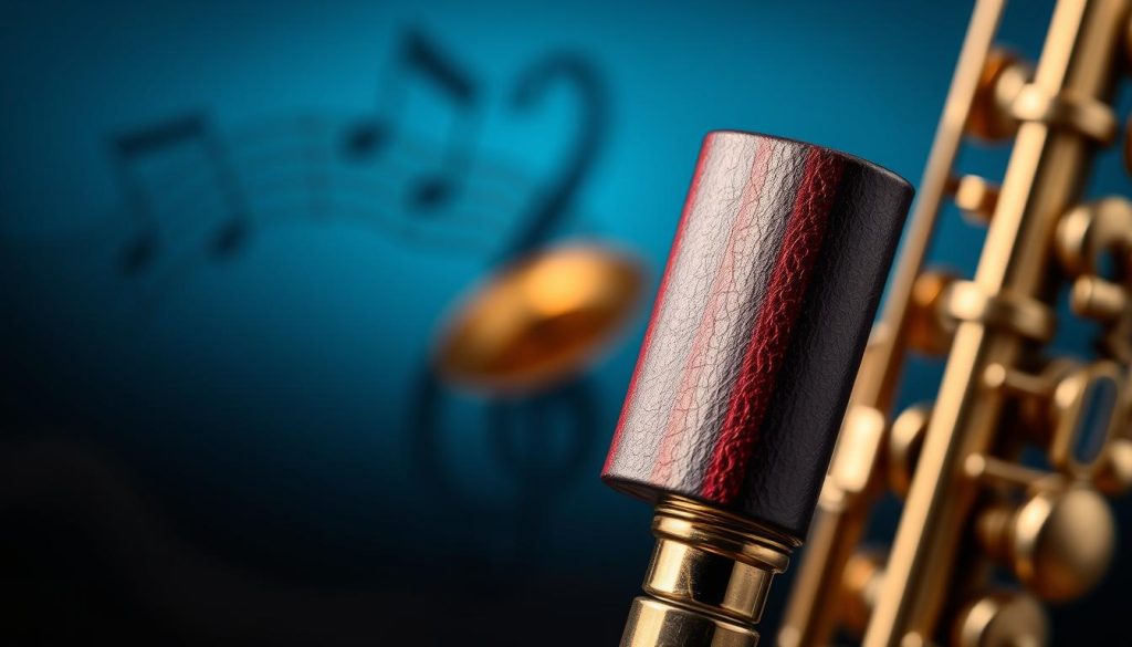A close-up image of a saxophone reed and mouthpiece displayed prominently in the foreground, showcasing the delicate craftsmanship of the reed's vibrant colors and intricate textures. The mouthpiece is made of polished brass, reflecting soft, warm light that highlights its curves. In the middle ground, blurred musical notes and a saxophone silhouette create a dynamic sense of motion, hinting at the instrument's musicality. The background features a subtle gradient of deep blues and greens, evoking a serene and contemplative atmosphere. The lighting is soft yet focused, emphasizing the reed's detailed grains and the mouthpiece's shine, inviting the viewer to explore the connection between reed choice and musical expression. The composition is clean and professional, conveying expertise and artistry in the art of saxophone playing. A close-up image of a saxophone reed and mouthpiece displayed prominently in the foreground, showcasing the delicate craftsmanship of the reed's vibrant colors and intricate textures. The mouthpiece is made of polished brass, reflecting soft, warm light that highlights its curves. In the middle ground, blurred musical notes and a saxophone silhouette create a dynamic sense of motion, hinting at the instrument's musicality. The background features a subtle gradient of deep blues and greens, evoking a serene and contemplative atmosphere. The lighting is soft yet focused, emphasizing the reed's detailed grains and the mouthpiece's shine, inviting the viewer to explore the connection between reed choice and musical expression. The composition is clean and professional, conveying expertise and artistry in the art of saxophone playing.