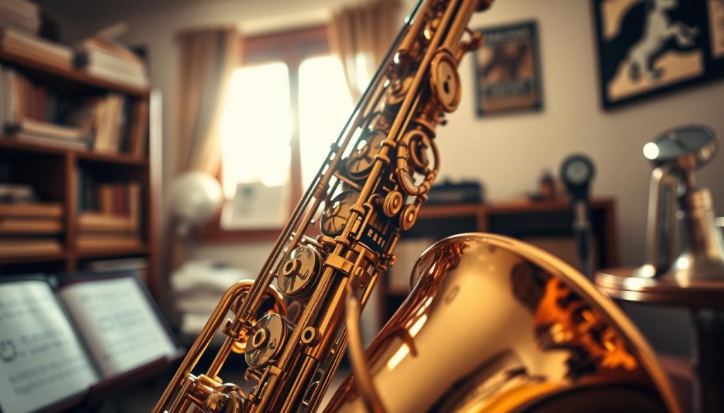 A close-up of a richly detailed BEC saxophone, showcasing its shiny brass finish and intricate keys. The foreground features the saxophone in an elegant resting position on a polished wooden stand, highlighting the reflective surfaces and key mechanisms. In the middle ground, soft natural light filters through a nearby window, creating a warm, inviting atmosphere and casting gentle shadows that emphasize the texture of the instrument. The background is softly blurred, hinting at a cozy music room filled with shelves of music books and a metronome, evoking a sense of preparation and focus. The overall mood is inspiring and dedicated, perfect for illustrating the craftsmanship involved in playing the saxophone with precision and accuracy.