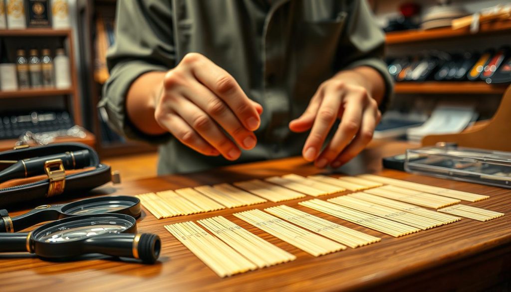 A close-up of a skilled musician's hands expertly selecting and testing various clarinet reeds. The foreground features several reeds arranged neatly on a polished wooden table, with a magnifying glass and a reed case nearby. The middle ground shows the artist in modest casual clothing, focusing intently on the reeds, surrounded by an ambiance of soft, warm lighting to highlight the textures of the reeds and the wood. The background is gently blurred, showcasing shelves lined with musical accessories, creating an atmosphere of dedication and expertise in clarinet maintenance. The overall mood should evoke a sense of craftsmanship and careful choice, reflecting the importance of selecting the right reed. A close-up of a skilled musician's hands expertly selecting and testing various clarinet reeds. The foreground features several reeds arranged neatly on a polished wooden table, with a magnifying glass and a reed case nearby. The middle ground shows the artist in modest casual clothing, focusing intently on the reeds, surrounded by an ambiance of soft, warm lighting to highlight the textures of the reeds and the wood. The background is gently blurred, showcasing shelves lined with musical accessories, creating an atmosphere of dedication and expertise in clarinet maintenance. The overall mood should evoke a sense of craftsmanship and careful choice, reflecting the importance of selecting the right reed.