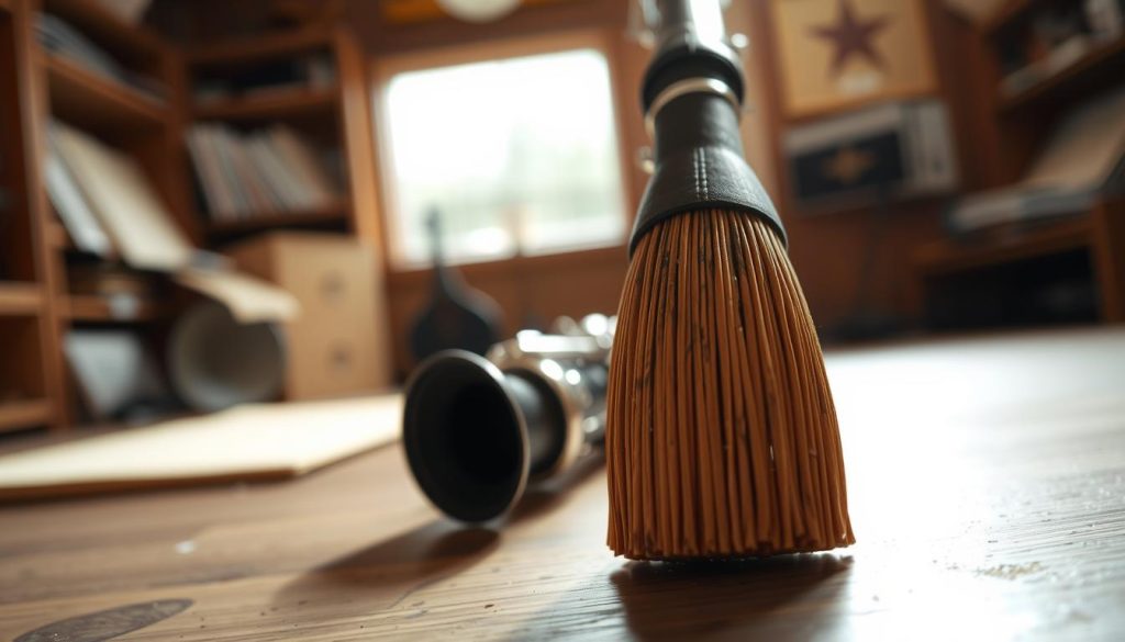 A close-up of an "anche" (reed) displayed prominently in the foreground, showcasing its delicate, textured surface intricately illuminated by soft, diffused natural light. The middle ground features a blurred arrangement of musical instruments, such as an oboe and a clarinet, providing context to the subject. In the background, a subtle hint of a wooden music studio with shelves of sheet music and polished instruments gives a warm, inviting atmosphere. The shot is taken with a macro lens at a slight angle to capture details and depth, emphasizing the craftsmanship of the anche. The mood is contemplative and artistic, reflecting the nuances of musical expression. The composition is free of captions, ensuring focus on the visual elements. A close-up of an "anche" (reed) displayed prominently in the foreground, showcasing its delicate, textured surface intricately illuminated by soft, diffused natural light. The middle ground features a blurred arrangement of musical instruments, such as an oboe and a clarinet, providing context to the subject. In the background, a subtle hint of a wooden music studio with shelves of sheet music and polished instruments gives a warm, inviting atmosphere. The shot is taken with a macro lens at a slight angle to capture details and depth, emphasizing the craftsmanship of the anche. The mood is contemplative and artistic, reflecting the nuances of musical expression. The composition is free of captions, ensuring focus on the visual elements.