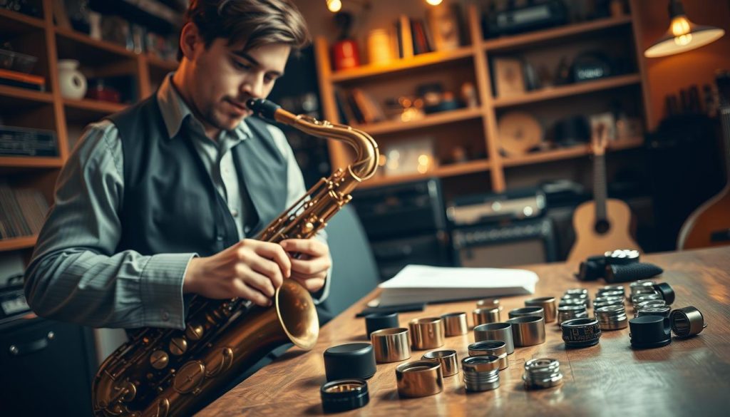 A close-up scene in a well-lit music studio, focusing on the detailed process of testing saxophone ligatures. In the foreground, a skilled musician, dressed in smart casual attire, is carefully adjusting a ligature on a vintage saxophone with a soft, focused expression. The middle ground features a selection of various ligatures displayed on a wooden table, emphasizing different materials and designs, each reflecting subtle glints of light. The background shows shelves filled with musical instruments and accessories, softly blurred to keep the focus on the ligature testing process. Warm, inviting lighting enhances the ambiance, creating a serene atmosphere conducive to thoughtful selection. The composition captures the essence of expert evaluation and precision. A close-up scene in a well-lit music studio, focusing on the detailed process of testing saxophone ligatures. In the foreground, a skilled musician, dressed in smart casual attire, is carefully adjusting a ligature on a vintage saxophone with a soft, focused expression. The middle ground features a selection of various ligatures displayed on a wooden table, emphasizing different materials and designs, each reflecting subtle glints of light. The background shows shelves filled with musical instruments and accessories, softly blurred to keep the focus on the ligature testing process. Warm, inviting lighting enhances the ambiance, creating a serene atmosphere conducive to thoughtful selection. The composition captures the essence of expert evaluation and precision.
