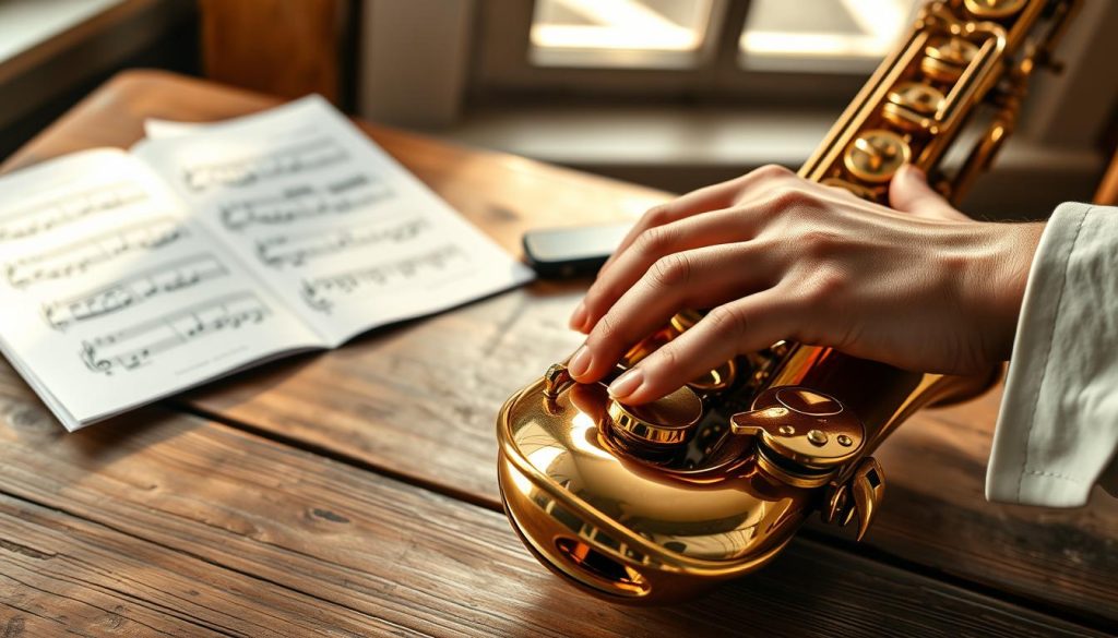 A close-up view of a polished saxophone resting on a rustic wooden table, with sheet music featuring dexterity exercises spread beside it. The background showcases gentle warm lighting filtering through a window, casting soft shadows that enhance the ambiance. In the foreground, a pair of hands elegantly positioned on the saxophone keys, demonstrating precise finger movements for various techniques. The hands are adorned with simple, professional attire, showcasing focus and dedication. The atmosphere is serene yet motivating, emphasizing the discipline and artistry involved in mastering the saxophone. The lens captures fine details, creating a rich texture that invites the viewer to explore the intricacies of saxophone fingering.
