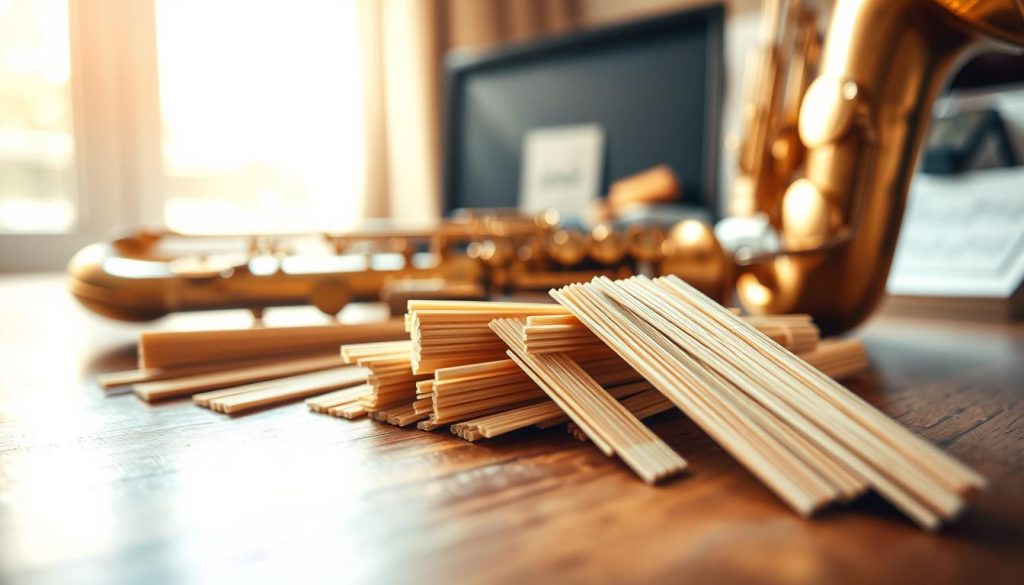 A close-up view of a selection of tenor saxophone reeds, focusing on those categorized as "hard" with a subtle visual emphasis, like a magnified detail showcasing their texture. In the foreground, arrange the reeds artistically on a polished wooden surface, reflecting the warm tones of the wood. The middle ground features a gently blurred saxophone, partially in view, adding context to the subject. In the background, softly illuminated by natural light filtering through a nearby window, there are musical notes and a saxophone case, evoking a serene practice space. The mood is contemplative and professional, encouraging an understanding of the importance of reed selection for musicians. Use soft, warm lighting to create an inviting atmosphere.
