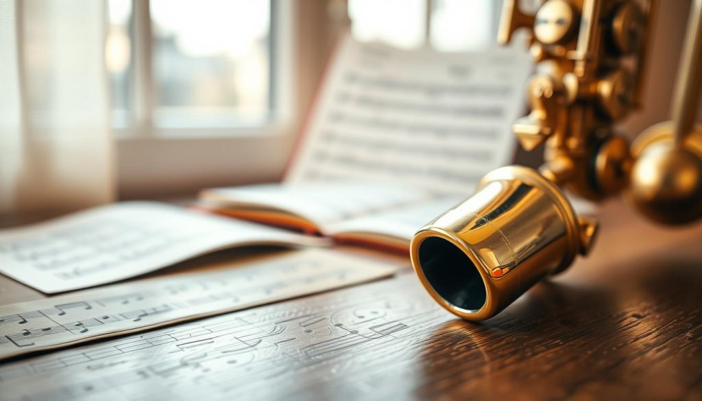 A close-up view of a tenor saxophone mouthpiece and reed, displayed on a wooden table. The mouthpiece should have a polished finish, reflecting soft light from a nearby window, while the reed is slightly angled to showcase its thin profile. In the background, a blurred music sheet with notes is faintly visible, enhancing the musical theme. The overall ambiance should convey a sense of calm and focus, with warm, natural lighting illuminating the scene. The composition should be shot at a shallow depth of field to emphasize the mouthpiece and reed, giving it a professional and inviting appearance, perfect for demonstrating immediate adjustments for a stiff reed.