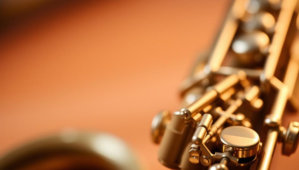 A close-up view of saxophone ligature serrage points, focusing on the intricate details of the metal and felt materials. In the foreground, the ligature is positioned prominently, showcasing its precise adjustments and unique design features. The middle section includes a blurred saxophone body, hinting at the connection between the ligature and the instrument itself. In the background, soft, ambient light creates a gentle bokeh effect, enhancing the mood of musical craftsmanship. The lighting is warm, casting subtle highlights on metallic surfaces to emphasize texture. This image conveys a sense of professionalism and artistry, reflective of the importance of sound parameters and playability in saxophone performance. A close-up view of saxophone ligature serrage points, focusing on the intricate details of the metal and felt materials. In the foreground, the ligature is positioned prominently, showcasing its precise adjustments and unique design features. The middle section includes a blurred saxophone body, hinting at the connection between the ligature and the instrument itself. In the background, soft, ambient light creates a gentle bokeh effect, enhancing the mood of musical craftsmanship. The lighting is warm, casting subtle highlights on metallic surfaces to emphasize texture. This image conveys a sense of professionalism and artistry, reflective of the importance of sound parameters and playability in saxophone performance.