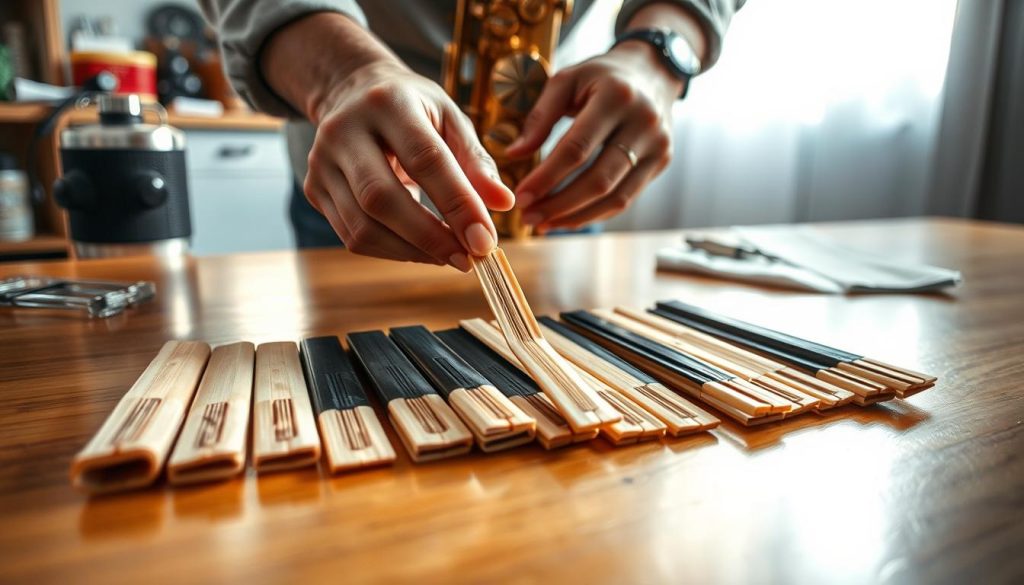 A close-up view of saxophone reeds arranged neatly on a polished wooden surface, illustrating the importance of proper maintenance. The foreground features various reeds in different stages of wear, showcasing both fresh and slightly worn options. The middle ground includes a pair of professional hands gently inspecting one reed, highlighting the care involved in their upkeep, while wearing modest casual attire. The background is softly blurred, depicting a small workspace with normal saxophone maintenance tools like a reed knife, humidity control device, and a cleaning cloth. Soft, natural lighting filters through a nearby window, creating a warm and inviting atmosphere that conveys a sense of dedication and artistry in saxophone care.