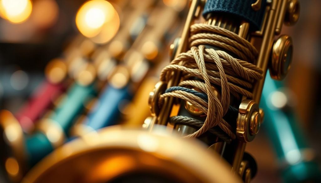 A detailed close-up view of a saxophone ligature expertly wrapped around the mouthpiece, highlighting its intricate design and materials. Showcase various ligature styles, including strands of metal and fabric, arranged artistically to emphasize their textures and functionality. The foreground should feature glimmers of polished brass, while the middle ground includes blurred iterations of saxophone body colors, creating a dynamic look. The background should be softly lit with warm, ambient lighting to evoke a creative studio setting. Use a shallow depth of field to bring focus to the ligatures, with a smooth bokeh effect enhancing the scene's artistic vibe. The atmosphere should feel professional and engaging, intended for musicians and enthusiasts alike. A detailed close-up view of a saxophone ligature expertly wrapped around the mouthpiece, highlighting its intricate design and materials. Showcase various ligature styles, including strands of metal and fabric, arranged artistically to emphasize their textures and functionality. The foreground should feature glimmers of polished brass, while the middle ground includes blurred iterations of saxophone body colors, creating a dynamic look. The background should be softly lit with warm, ambient lighting to evoke a creative studio setting. Use a shallow depth of field to bring focus to the ligatures, with a smooth bokeh effect enhancing the scene's artistic vibe. The atmosphere should feel professional and engaging, intended for musicians and enthusiasts alike.