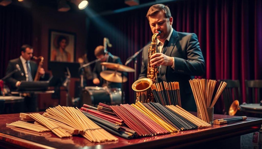 A professional saxophonist playing an alto saxophone in a well-lit jazz club, surrounded by various types of saxophone reeds displayed elegantly on a polished wooden table. In the foreground, the focus is on the musician, dressed in a sharp, tailored suit, passionately engaging with the instrument. The middle ground features the assortment of reeds, showcasing their different profiles and materials, with some reeds highlighted under soft, warm lighting to create a cozy atmosphere. The background is filled with blurred silhouettes of fellow musicians and a rich, deep-colored velvet curtain, evoking a vibrant jazz scene. The overall mood is energetic and sophisticated, capturing the essence of jazz music and the art of playing the saxophone. A professional saxophonist playing an alto saxophone in a well-lit jazz club, surrounded by various types of saxophone reeds displayed elegantly on a polished wooden table. In the foreground, the focus is on the musician, dressed in a sharp, tailored suit, passionately engaging with the instrument. The middle ground features the assortment of reeds, showcasing their different profiles and materials, with some reeds highlighted under soft, warm lighting to create a cozy atmosphere. The background is filled with blurred silhouettes of fellow musicians and a rich, deep-colored velvet curtain, evoking a vibrant jazz scene. The overall mood is energetic and sophisticated, capturing the essence of jazz music and the art of playing the saxophone.
