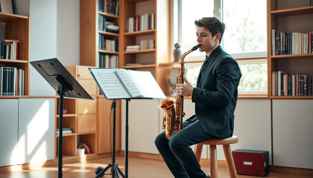 A serene music practice room featuring a young adult saxophonist focused on refining their skills. In the foreground, the musician is seated on a simple wooden stool, holding a tenor saxophone with a look of concentration, dressed in smart casual attire. The middle ground showcases a music stand with sheet music, along with a metronome, signifying a structured practice routine. The background includes warm wooden shelves filled with various music books, and a large window allowing soft, natural light to flood in, creating a calm and inspiring atmosphere. The scene captures a sense of dedication and growth in the practice of playing saxophone, emphasizing the importance of routine in mastering the instrument.