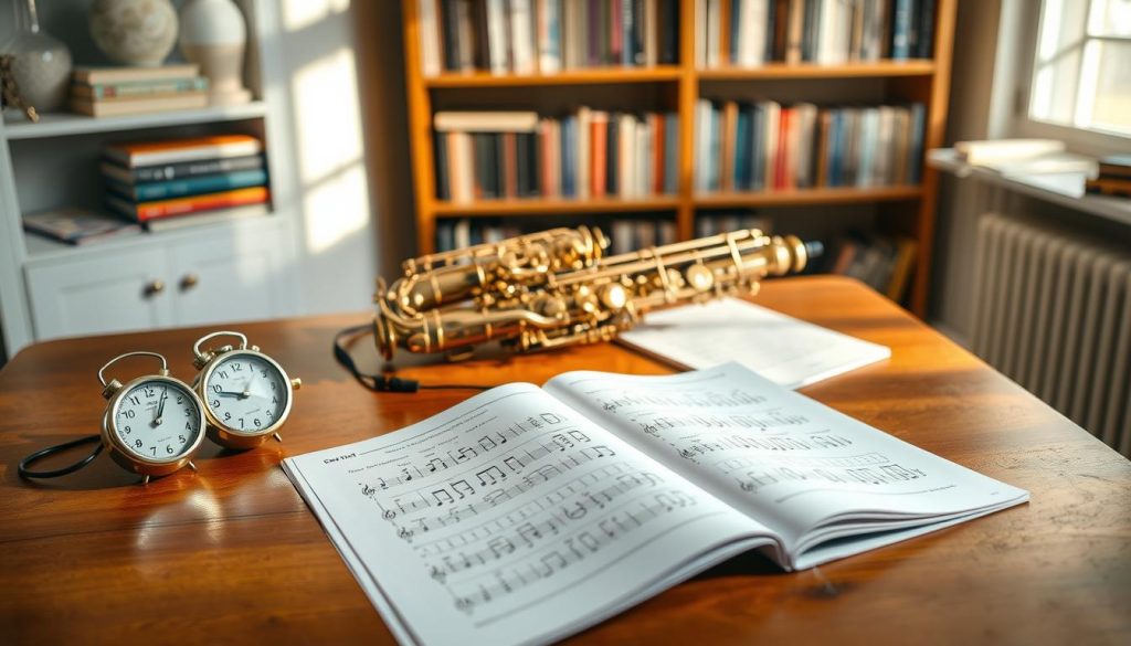 A well-organized workspace for learning saxophone fingerings should take center stage in the image. In the foreground, a polished wooden table is adorned with an open saxophone fingering chart, depicting clear diagrams of various finger positions. Beside it, a metronome ticks steadily, symbolizing rhythm practice. In the middle ground, a sleek, shiny saxophone rests, partially set up for play, with its keys glistening under soft, warm lighting. In the background, a bookshelf filled with saxophone method books and sheet music adds depth. The atmosphere is one of focused creativity; soft sunlight filters through a nearby window, casting gentle shadows and creating a welcoming study space, ideal for learning and exploration.