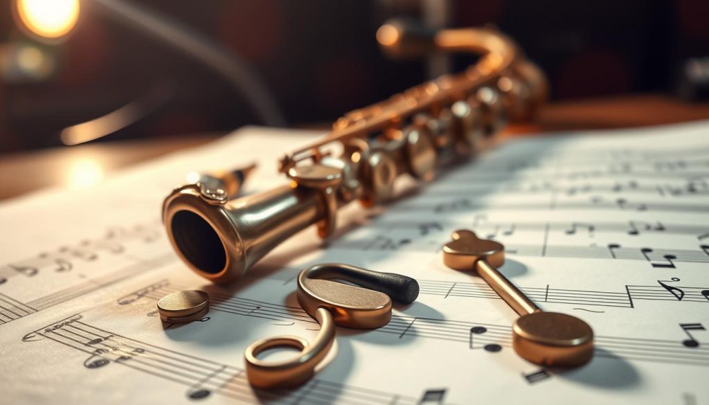 A beautifully arranged collection of musical notation symbols featuring sharp (dièse), flat (bémol), and natural (bécarre) signs on an elegant sheet of music paper. In the foreground, the symbols are clearly visible, rendered in a stylish and artistic way with intricate details. The middle ground showcases a saxophone resting gently against the music, exuding an air of professionalism. In the background, soft-focus jazz studio lighting casts a warm glow, enhancing the atmosphere of creativity and learning. The overall mood is inspiring and scholarly, inviting musicians to explore the concepts of alterations and key signatures with confidence. The camera angle captures the entire scene from a slightly elevated viewpoint, adding depth and interest. A beautifully arranged collection of musical notation symbols featuring sharp (dièse), flat (bémol), and natural (bécarre) signs on an elegant sheet of music paper. In the foreground, the symbols are clearly visible, rendered in a stylish and artistic way with intricate details. The middle ground showcases a saxophone resting gently against the music, exuding an air of professionalism. In the background, soft-focus jazz studio lighting casts a warm glow, enhancing the atmosphere of creativity and learning. The overall mood is inspiring and scholarly, inviting musicians to explore the concepts of alterations and key signatures with confidence. The camera angle captures the entire scene from a slightly elevated viewpoint, adding depth and interest.