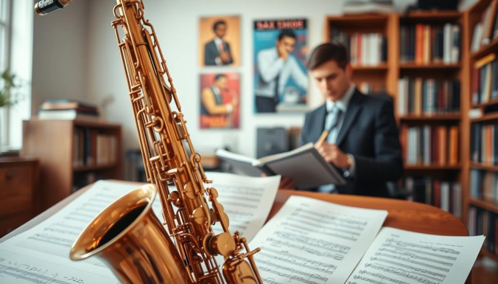 A beautifully arranged saxophone sitting on a polished wooden music stand, surrounded by scattered sheet music featuring notes and rhythms. In the foreground, soft lighting highlights the saxophone's shiny brass finish, reflecting a warm golden hue. In the middle ground, slightly blurred, is a focused musician wearing professional attire, deeply engaged in reading the music, with a look of concentration on their face. The background features a softly lit, cozy music room adorned with bookshelves filled with music theory books and vibrant posters of famous saxophonists. The atmosphere is calm and inspiring, conveying a sense of dedication and artistry in the pursuit of mastering the saxophone, while a gentle light bathes the scene, creating an inviting and motivational environment. A beautifully arranged saxophone sitting on a polished wooden music stand, surrounded by scattered sheet music featuring notes and rhythms. In the foreground, soft lighting highlights the saxophone's shiny brass finish, reflecting a warm golden hue. In the middle ground, slightly blurred, is a focused musician wearing professional attire, deeply engaged in reading the music, with a look of concentration on their face. The background features a softly lit, cozy music room adorned with bookshelves filled with music theory books and vibrant posters of famous saxophonists. The atmosphere is calm and inspiring, conveying a sense of dedication and artistry in the pursuit of mastering the saxophone, while a gentle light bathes the scene, creating an inviting and motivational environment.