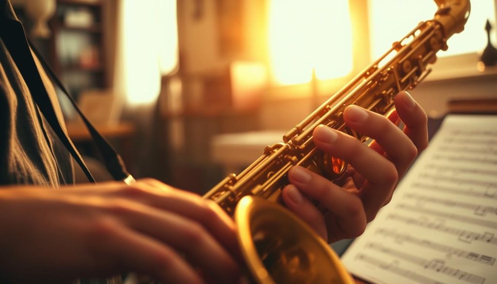 A close-up view of a saxophonist's fingers skillfully maneuvering on the keys of the saxophone, with a sharp focus on the dexterity and movement, creating a captivating sense of rhythm and flow. In the background, a softly lit musical sheet with notes is blurred to emphasize the finger positioning rather than the notes themselves. Warm, golden lighting filters through a nearby window, casting a gentle glow around the scene, suggesting a serene practice environment. The mood conveys concentration and mastery of the instrument, while a faint hint of a cozy room filled with vintage musical decor can be seen in the background, adding depth without distracting from the main action. A close-up view of a saxophonist's fingers skillfully maneuvering on the keys of the saxophone, with a sharp focus on the dexterity and movement, creating a captivating sense of rhythm and flow. In the background, a softly lit musical sheet with notes is blurred to emphasize the finger positioning rather than the notes themselves. Warm, golden lighting filters through a nearby window, casting a gentle glow around the scene, suggesting a serene practice environment. The mood conveys concentration and mastery of the instrument, while a faint hint of a cozy room filled with vintage musical decor can be seen in the background, adding depth without distracting from the main action.