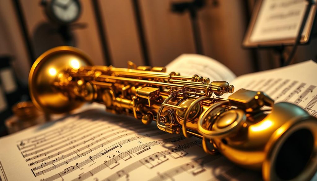 A close-up view of an alto saxophone resting on an open music sheet filled with musical scales, specifically focusing on various 'gammes' notation. In the foreground, the polished brass of the saxophone gleams under warm, ambient lighting, highlighting its elegant curves and keys. In the middle, the music sheet features intricate musical notations with clear, handwritten annotations in the margins, symbolizing a simple method for progression. The background softly fades into a blurred, cozy practice room with a soft-focus metronome and a music stand, creating a tranquil atmosphere conducive to learning. The overall mood is inspiring and professional, encouraging musical growth and exploration. A close-up view of an alto saxophone resting on an open music sheet filled with musical scales, specifically focusing on various 'gammes' notation. In the foreground, the polished brass of the saxophone gleams under warm, ambient lighting, highlighting its elegant curves and keys. In the middle, the music sheet features intricate musical notations with clear, handwritten annotations in the margins, symbolizing a simple method for progression. The background softly fades into a blurred, cozy practice room with a soft-focus metronome and a music stand, creating a tranquil atmosphere conducive to learning. The overall mood is inspiring and professional, encouraging musical growth and exploration.