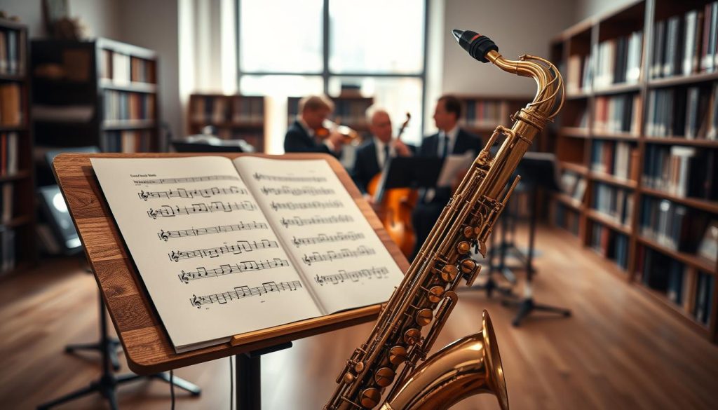 A detailed tableau of transposition for the alto saxophone, elegantly arranged on a wooden music stand in a well-lit rehearsal space. The sheet music is crisp and clear, displaying colorful notes and symbols that represent different keys and transpositions. In the foreground, a polished alto saxophone rests gently on the stand, reflecting soft, natural light that filters through a nearby window. The middle ground features a blurred view of musicians in professional attire practicing, conveying an atmosphere of focus and dedication. The background includes shelves filled with music books, adding depth to the scene. The overall mood is inspirational and educational, inviting viewers to explore the nuances of playing the alto saxophone. A detailed tableau of transposition for the alto saxophone, elegantly arranged on a wooden music stand in a well-lit rehearsal space. The sheet music is crisp and clear, displaying colorful notes and symbols that represent different keys and transpositions. In the foreground, a polished alto saxophone rests gently on the stand, reflecting soft, natural light that filters through a nearby window. The middle ground features a blurred view of musicians in professional attire practicing, conveying an atmosphere of focus and dedication. The background includes shelves filled with music books, adding depth to the scene. The overall mood is inspirational and educational, inviting viewers to explore the nuances of playing the alto saxophone.