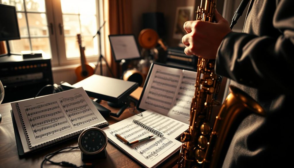 A dynamic music studio scene focused on "dexterity exercises" for learning saxophone intervals. In the foreground, a saxophonist is captured mid-action, wearing smart casual attire, fingers skillfully maneuvering across the keys of a saxophone. Charts and sheet music filled with intricate musical notes are spread out on a nearby desk. The middle layer features a metronome ticking steadily, alongside a notebook filled with practice notes. The background showcases musical instruments and a large window allowing natural light to flood the room, creating an inspiring atmosphere. Soft, warm lighting emphasizes the saxophonist's concentration, while a shallow depth of field highlights the musical elements, evoking a sense of dedication and creativity in mastering the instrument. A dynamic music studio scene focused on "dexterity exercises" for learning saxophone intervals. In the foreground, a saxophonist is captured mid-action, wearing smart casual attire, fingers skillfully maneuvering across the keys of a saxophone. Charts and sheet music filled with intricate musical notes are spread out on a nearby desk. The middle layer features a metronome ticking steadily, alongside a notebook filled with practice notes. The background showcases musical instruments and a large window allowing natural light to flood the room, creating an inspiring atmosphere. Soft, warm lighting emphasizes the saxophonist's concentration, while a shallow depth of field highlights the musical elements, evoking a sense of dedication and creativity in mastering the instrument.