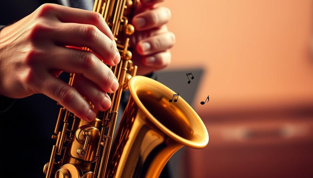 A highly detailed illustration of an alto saxophone, prominently featuring the fingerings (doigtés) on the instrument. In the foreground, showcase a close-up view of skilled hands, dressed in professional attire, elegantly positioned over the keys, demonstrating advanced finger placements for fluidity in playing. The saxophone should gleam under soft, focused lighting, highlighting its polished brass finish. In the middle ground, include subtle musical notes flowing around the saxophone, suggesting movement and melody. In the background, blur a gentle gradient of warm colors to create a cozy, inspiring atmosphere, resembling a practice room. Capture a sense of focus and artistry, reflecting the spirit of musical passion and learning without any text or distractions. A highly detailed illustration of an alto saxophone, prominently featuring the fingerings (doigtés) on the instrument. In the foreground, showcase a close-up view of skilled hands, dressed in professional attire, elegantly positioned over the keys, demonstrating advanced finger placements for fluidity in playing. The saxophone should gleam under soft, focused lighting, highlighting its polished brass finish. In the middle ground, include subtle musical notes flowing around the saxophone, suggesting movement and melody. In the background, blur a gentle gradient of warm colors to create a cozy, inspiring atmosphere, resembling a practice room. Capture a sense of focus and artistry, reflecting the spirit of musical passion and learning without any text or distractions.