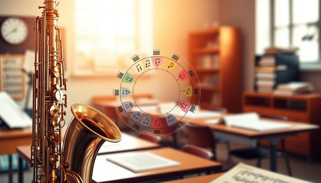 A visually engaging illustration of the "cycle des quintes" as it relates to the saxophone, featuring a prominently displayed alto saxophone in a polished finish, positioned in the foreground with a gentle glint reflecting off its surface. In the middle ground, a circular diagram of the musical cycle of fifths is artistically rendered, showcasing various key signatures with vibrant colors and melodic notations. The background is a softly blurred music classroom environment, with sheet music and musical notes subtly incorporated, bathed in warm, inviting natural lighting that creates a scholarly atmosphere. The overall mood is educational and inspiring, emphasizing the theme of musical transposition and mastery. A visually engaging illustration of the "cycle des quintes" as it relates to the saxophone, featuring a prominently displayed alto saxophone in a polished finish, positioned in the foreground with a gentle glint reflecting off its surface. In the middle ground, a circular diagram of the musical cycle of fifths is artistically rendered, showcasing various key signatures with vibrant colors and melodic notations. The background is a softly blurred music classroom environment, with sheet music and musical notes subtly incorporated, bathed in warm, inviting natural lighting that creates a scholarly atmosphere. The overall mood is educational and inspiring, emphasizing the theme of musical transposition and mastery.