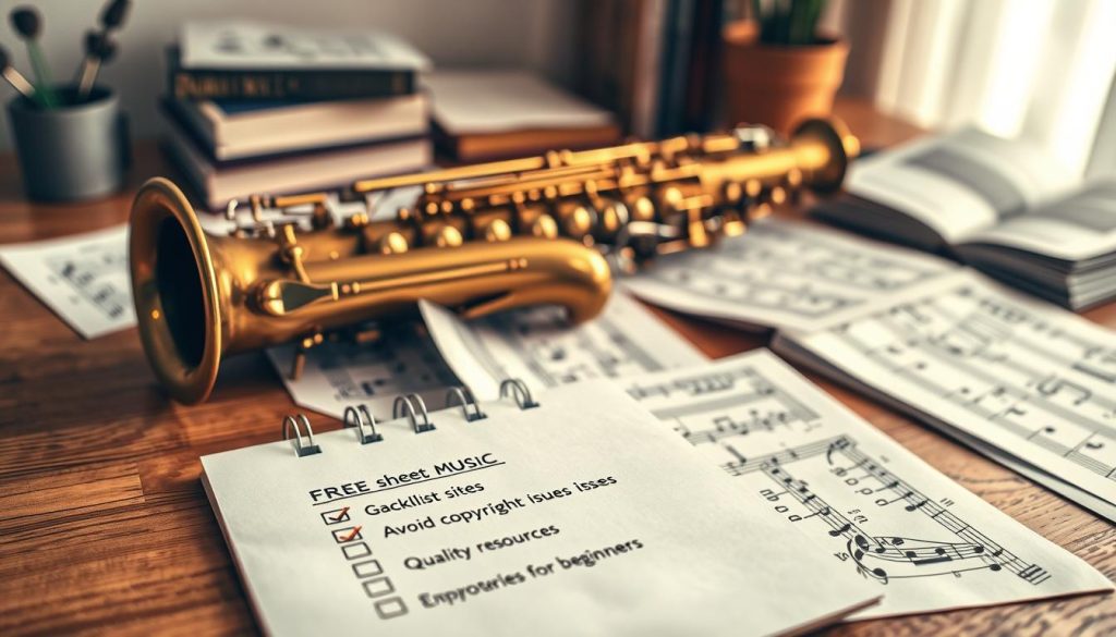 A beautifully arranged saxophone on a wooden table, surrounded by various sheet music scattered across the surface. The saxophone gleams under soft, warm ambient lighting, highlighting the intricate details of its brass finish. In the foreground, a neatly organized checklist on a notepad, featuring bulleted points such as "Free sheet music sites," "Avoid copyright issues," and "Quality resources for beginners." In the middle ground, partially blurred sheet music displays recognizable musical notes and symbols that capture the viewer's attention. The background is softly faded to suggest a cozy practice space, with a few musical books and a potted plant adding to the atmosphere of creativity and learning. The overall mood is inviting and inspiring, encouraging saxophone players to explore new music. A beautifully arranged saxophone on a wooden table, surrounded by various sheet music scattered across the surface. The saxophone gleams under soft, warm ambient lighting, highlighting the intricate details of its brass finish. In the foreground, a neatly organized checklist on a notepad, featuring bulleted points such as "Free sheet music sites," "Avoid copyright issues," and "Quality resources for beginners." In the middle ground, partially blurred sheet music displays recognizable musical notes and symbols that capture the viewer's attention. The background is softly faded to suggest a cozy practice space, with a few musical books and a potted plant adding to the atmosphere of creativity and learning. The overall mood is inviting and inspiring, encouraging saxophone players to explore new music.