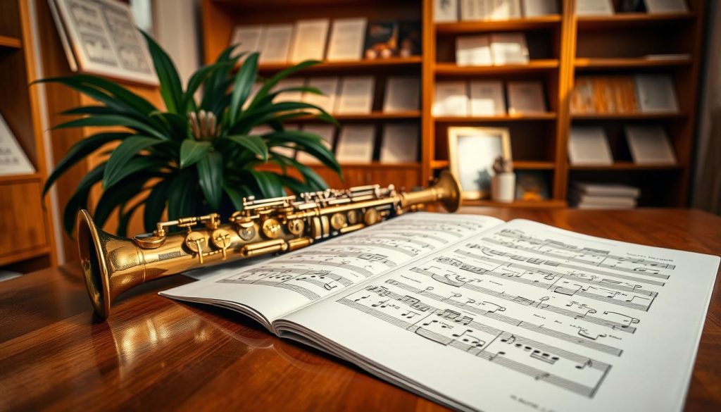 A beautifully arranged saxophone sheet music on a polished wooden table, showcasing intricate musical notes and symbols that represent the unique tonalities of the alto saxophone. In the foreground, the sheet music is prominently displayed, with a shiny alto saxophone casually placed beside it, reflecting soft lighting. The middle layer features a lush, green plant that adds a touch of freshness. In the background, a warm, inviting room with wooden shelves filled with various musical scores creates a cozy atmosphere. The lighting is soft and warm, casting gentle shadows that enhance the depth of the scene. The mood is serene and focused, ideal for a musician preparing to practice reading music for the alto saxophone. A beautifully arranged saxophone sheet music on a polished wooden table, showcasing intricate musical notes and symbols that represent the unique tonalities of the alto saxophone. In the foreground, the sheet music is prominently displayed, with a shiny alto saxophone casually placed beside it, reflecting soft lighting. The middle layer features a lush, green plant that adds a touch of freshness. In the background, a warm, inviting room with wooden shelves filled with various musical scores creates a cozy atmosphere. The lighting is soft and warm, casting gentle shadows that enhance the depth of the scene. The mood is serene and focused, ideal for a musician preparing to practice reading music for the alto saxophone.