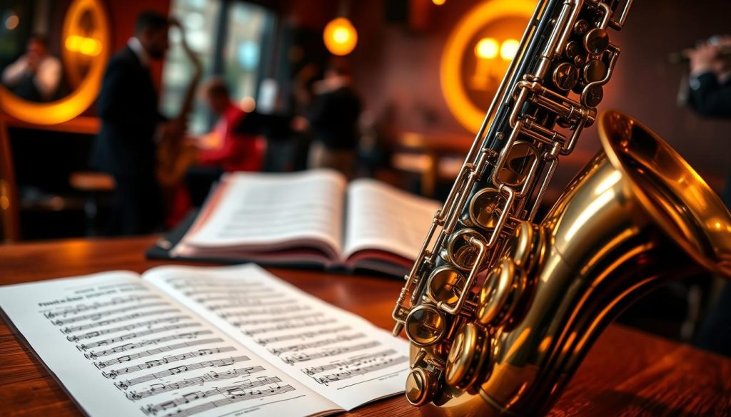 A beautifully crafted alto saxophone gleams in the foreground, showcasing its polished brass surface, with intricate details emphasizing the keys and mouthpiece. In the middle ground, soft sheet music spreads across a wooden table, featuring notes from popular ballads, blending pop and soul genres. The background features a warm, softly lit jazz club ambiance, with blurred silhouettes of musicians performing, their energy radiating a relaxed yet vibrant atmosphere. The lighting is warm and inviting, casting soft shadows that enhance the saxophone's curves. The overall mood is one of inspiration and creativity, perfect for aspiring saxophonists discovering soulful melodies. The image captures the essence of learning and enjoyment in music.