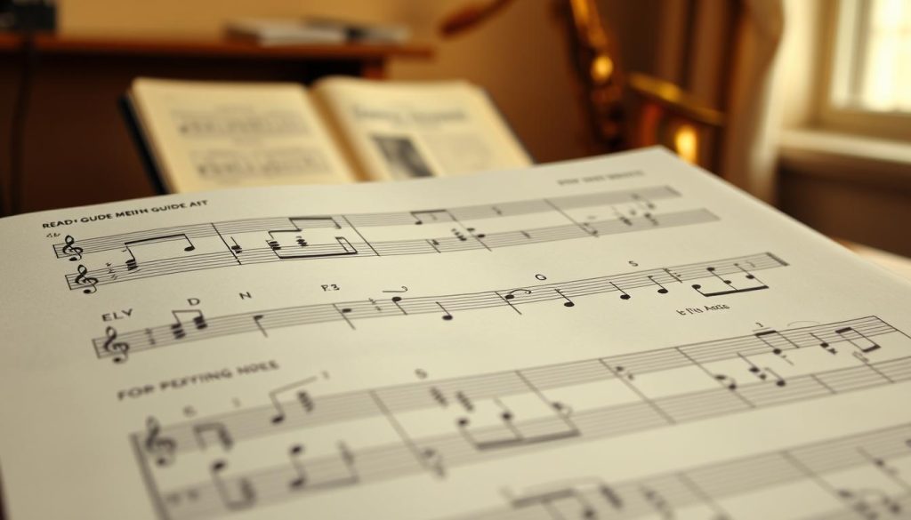 A beautifully detailed sheet of musical notation in the treble clef, showcasing a variety of notes, including key pivot notes and octave markers, arranged in a way that clearly emphasizes the reading guide for alto saxophone players. The foreground features crisp, legible notes with subtle shading that adds depth, while the middle ground presents a faint, blurred saxophone silhouette to create a sense of relevance to the instrument. In the background, soft, warm lighting creates an inviting atmosphere, with hints of a music stand blending into a cozy practice room setting. The overall mood is educational and inspiring, capturing the essence of music learning without any distractions.